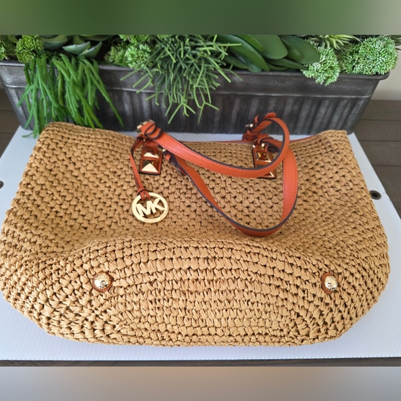 Michael Kors Santorini Raffia Basket Tote Tan Straw Tangerine Leather MK Charm - Picture 7 of 12
